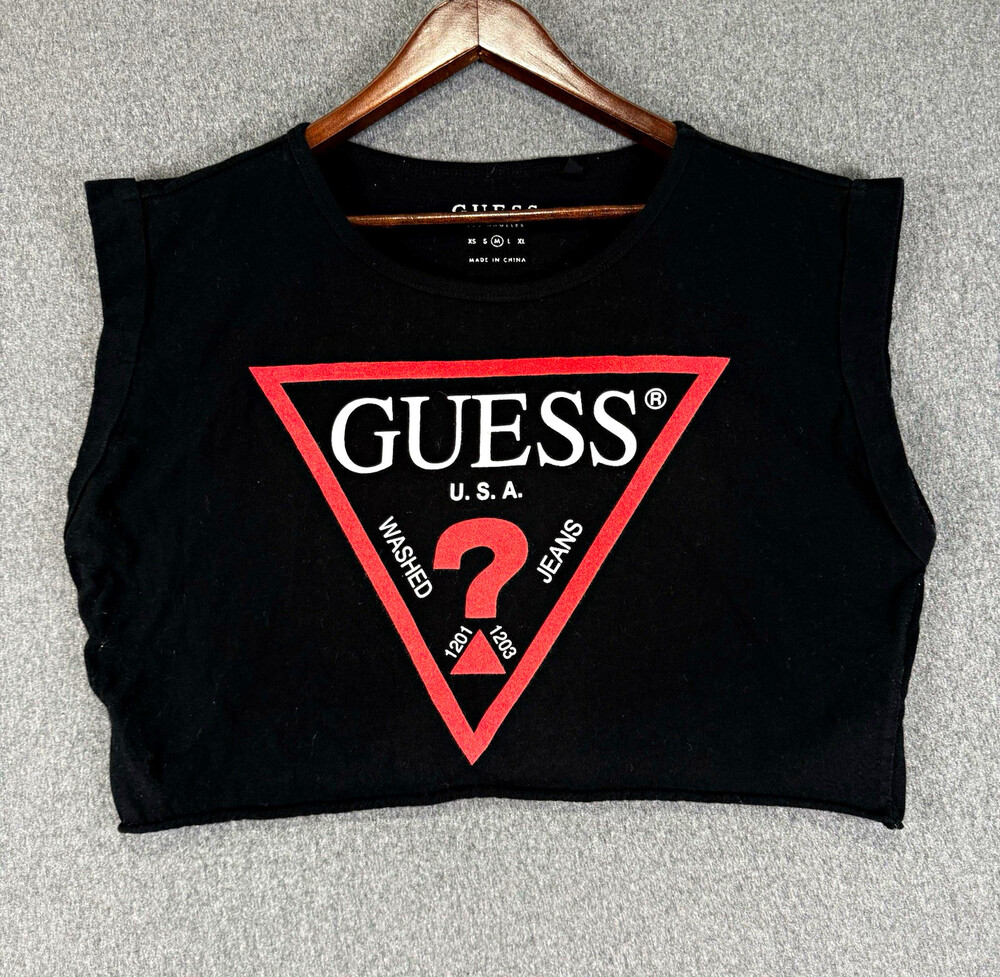 GUESS Womens Medium Black Cropped Logo Tee Sleeveless Red Triangle Graphic